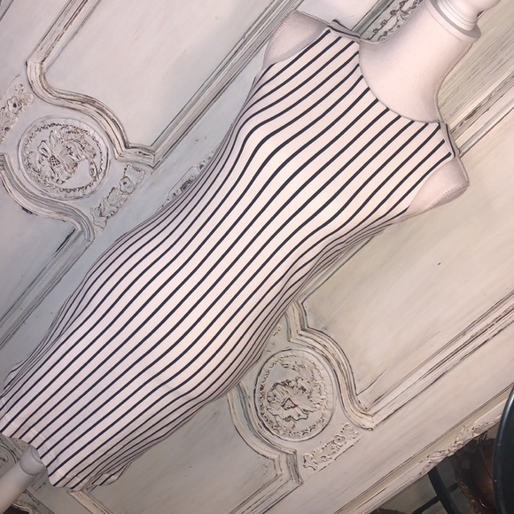 Banana Republic MadMen Navy on White Stripes Sleeveless Peekaboo Back Dress S/XS - Picture 3 of 11